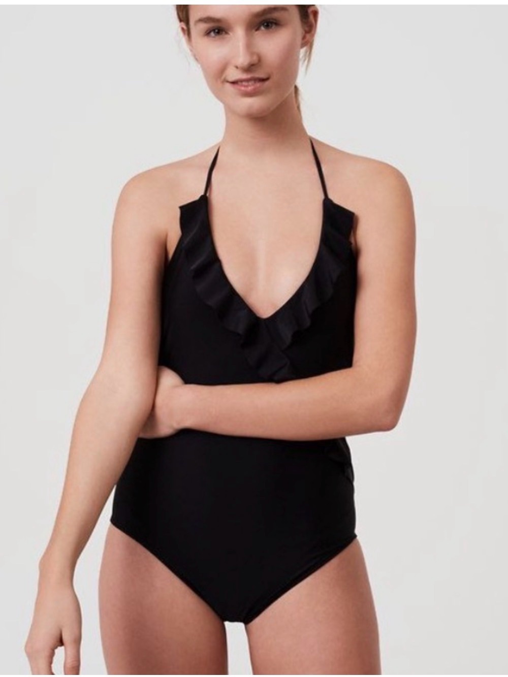 LOFT Beach Black Ruffle Halter One-Piece Swimsuit XS NWT Feminine Flattering